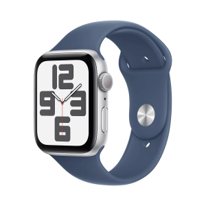 Apple Watch SE (2024) 44mm Sølv aluminiumskasse med gummisportsrem (M/L) – Denim