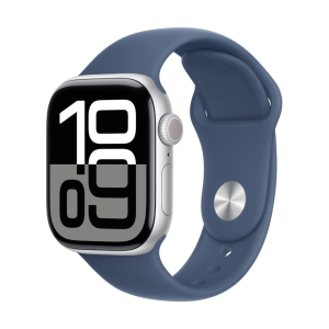 Apple Watch Series 10 46mm Sølvfarvet Aluminium Case med Gummi Sportsrem (M/L) - Denim