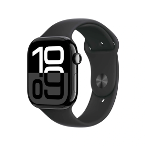 Apple Watch Series 10 42mm Jet Black Aluminium Case med Gummi Sportsrem (S/M) – Sort